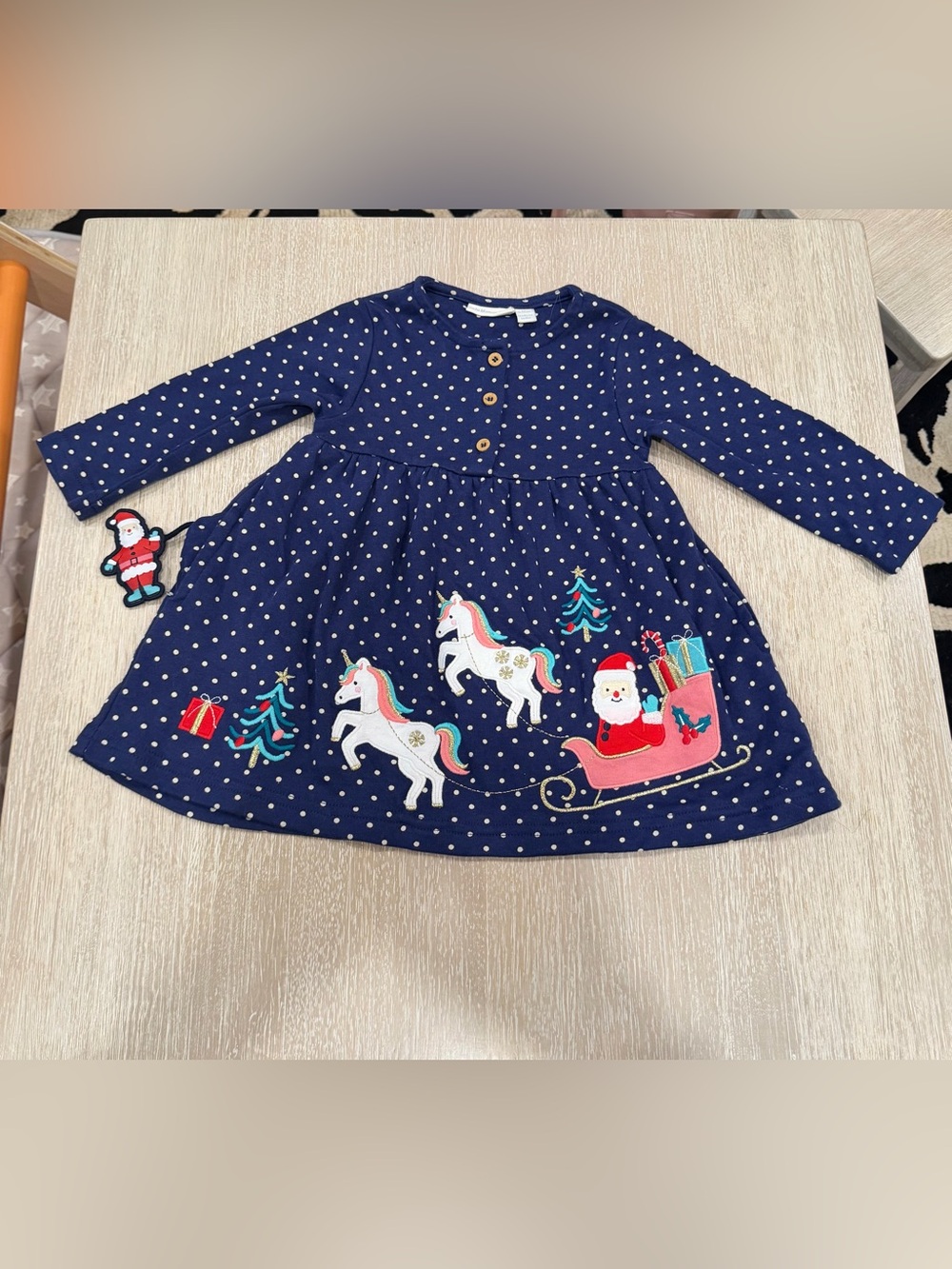 JoJo Maman Bebe Christmas Dress with Santa & Unicorn Appliqués